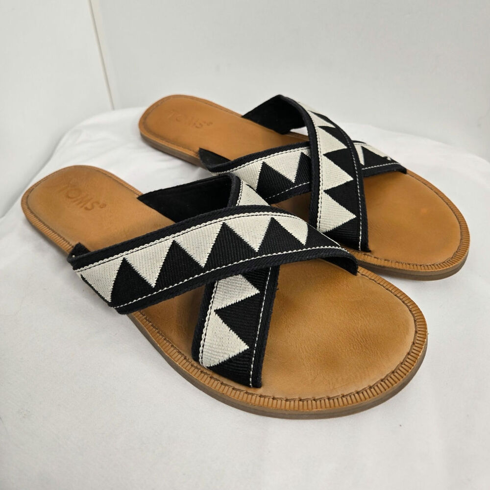 TOM'S Viv Black Tribal canvas crossover sandals lightly padded 9 black white